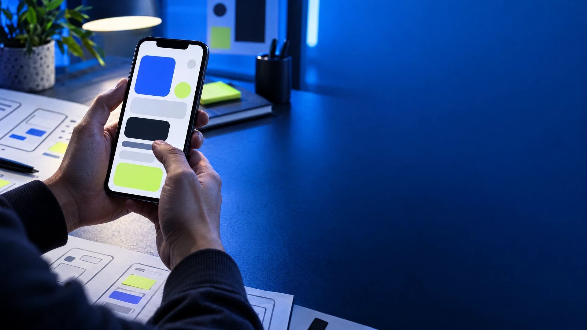 Hands holding an abstract mobile prototype at a blue studio desk