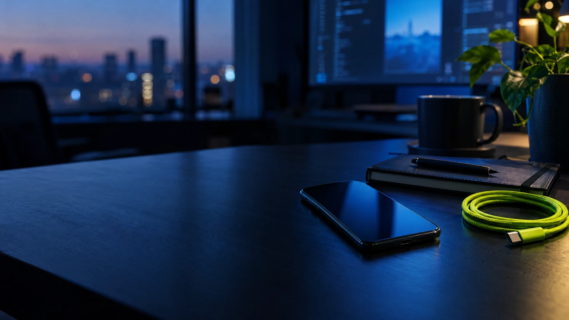 Quiet dark studio desk with an abstract phone prototype