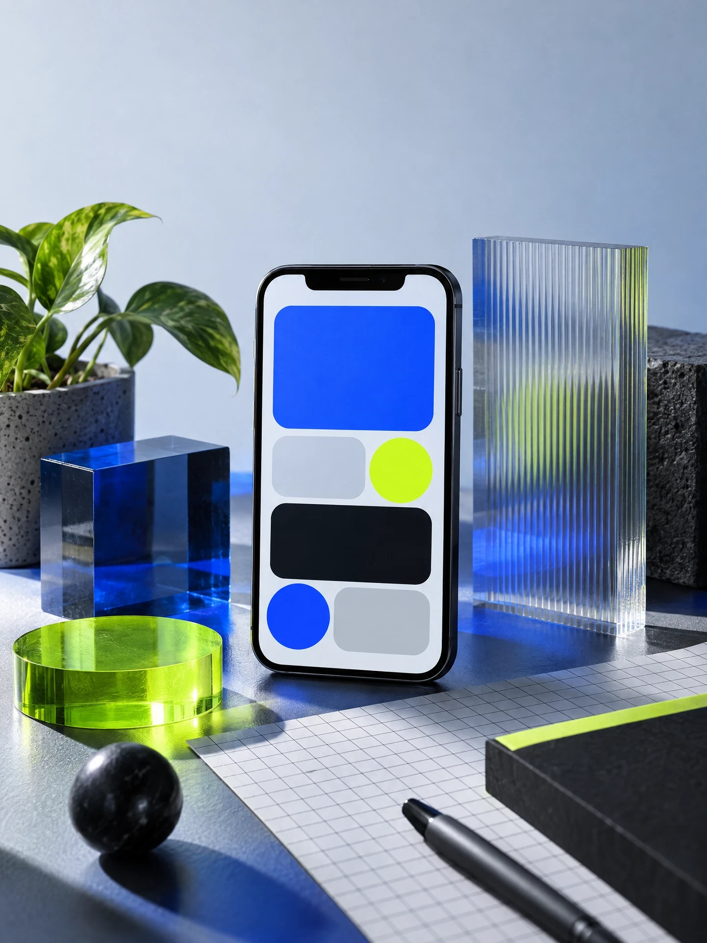 Abstract smartphone prototype with design materials