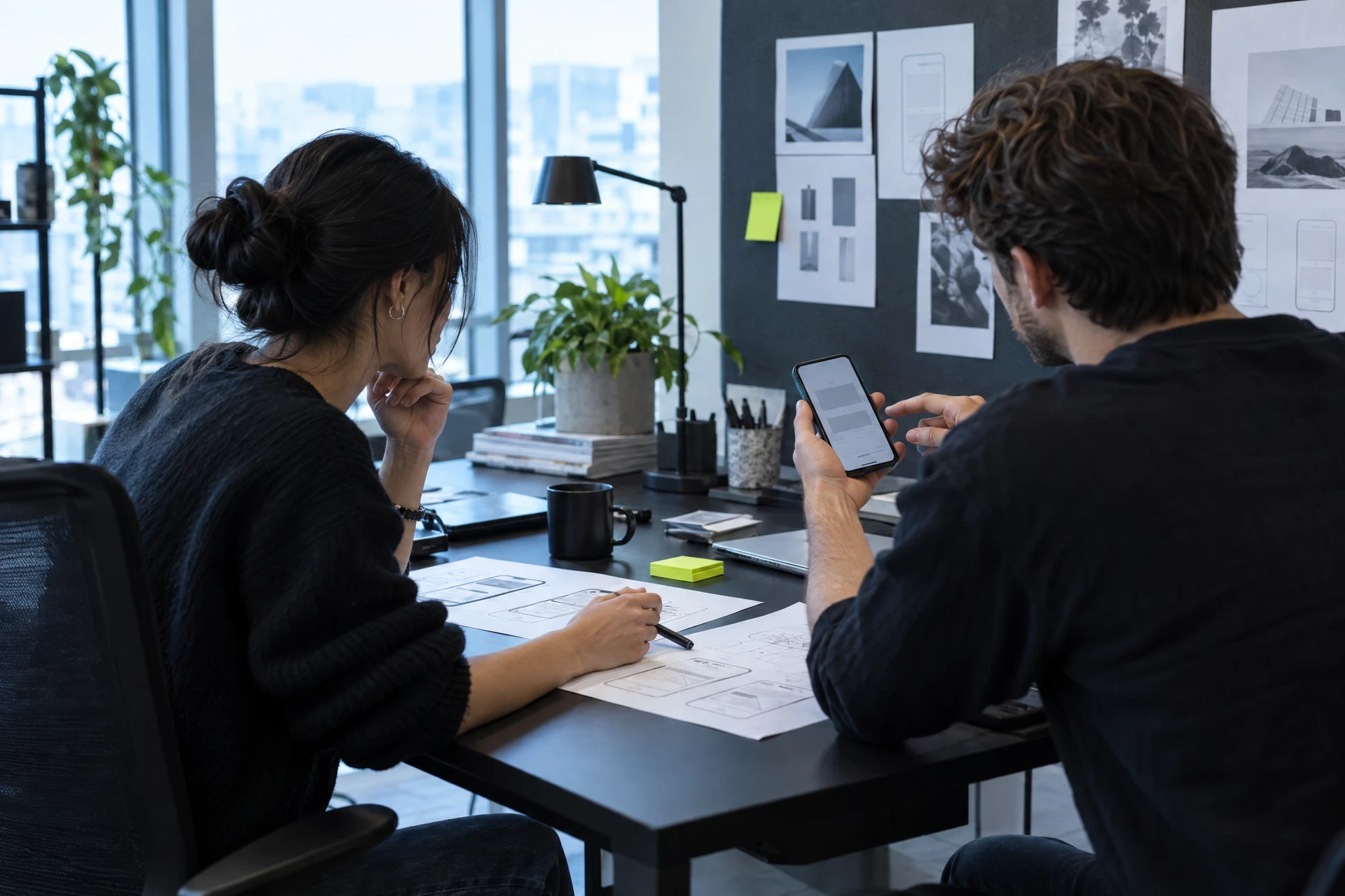 Two teammates reviewing a mobile prototype