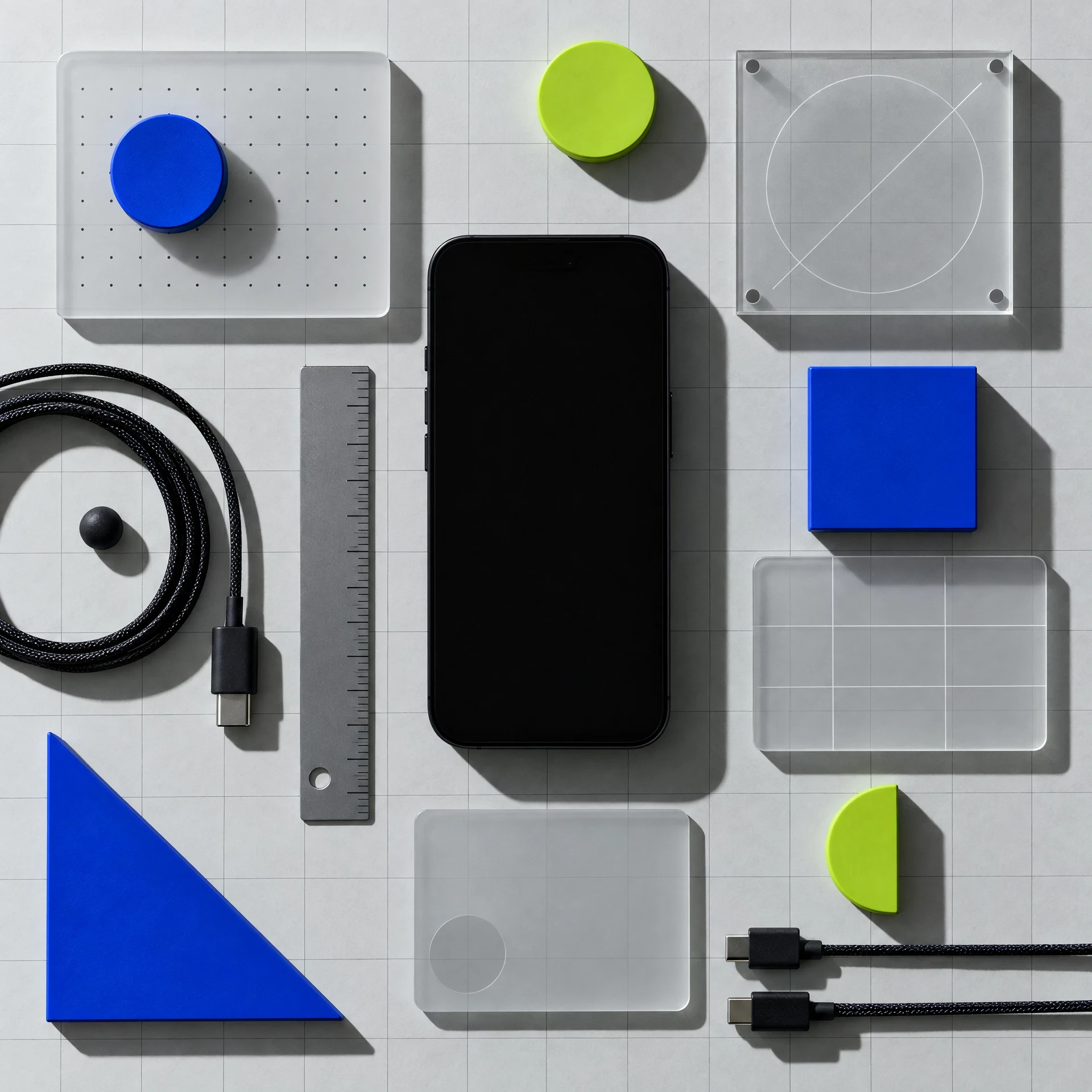 Phone silhouette and modular design materials arranged on a grid desk