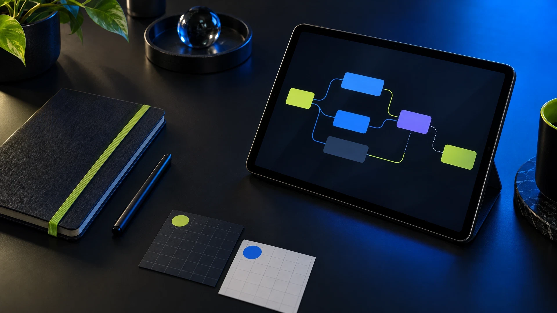Tablet showing an abstract flow diagram on a studio desk