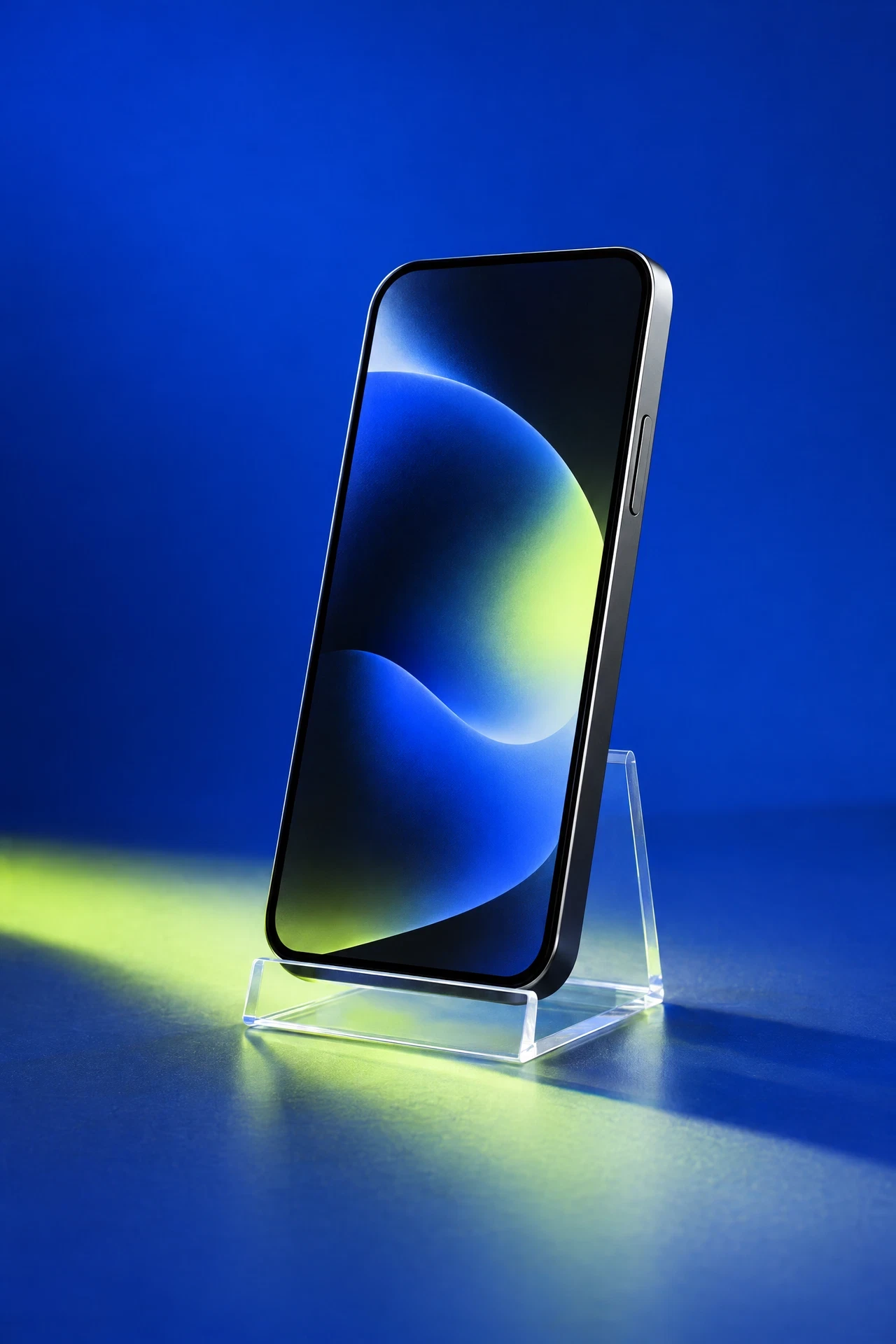 Unbranded abstract phone prototype on an acrylic stand