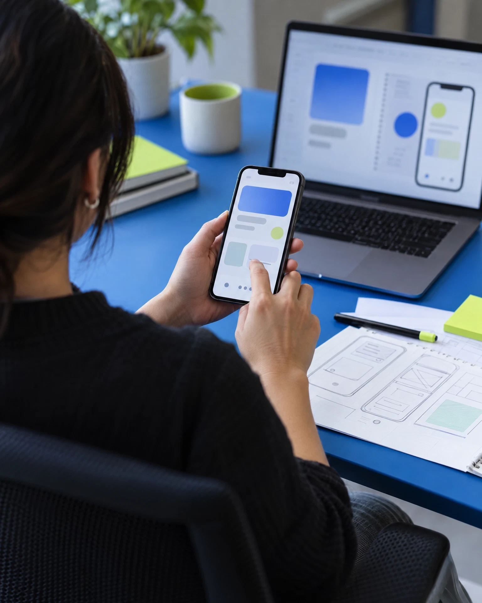 Designer testing a generic mobile prototype at a blue desk