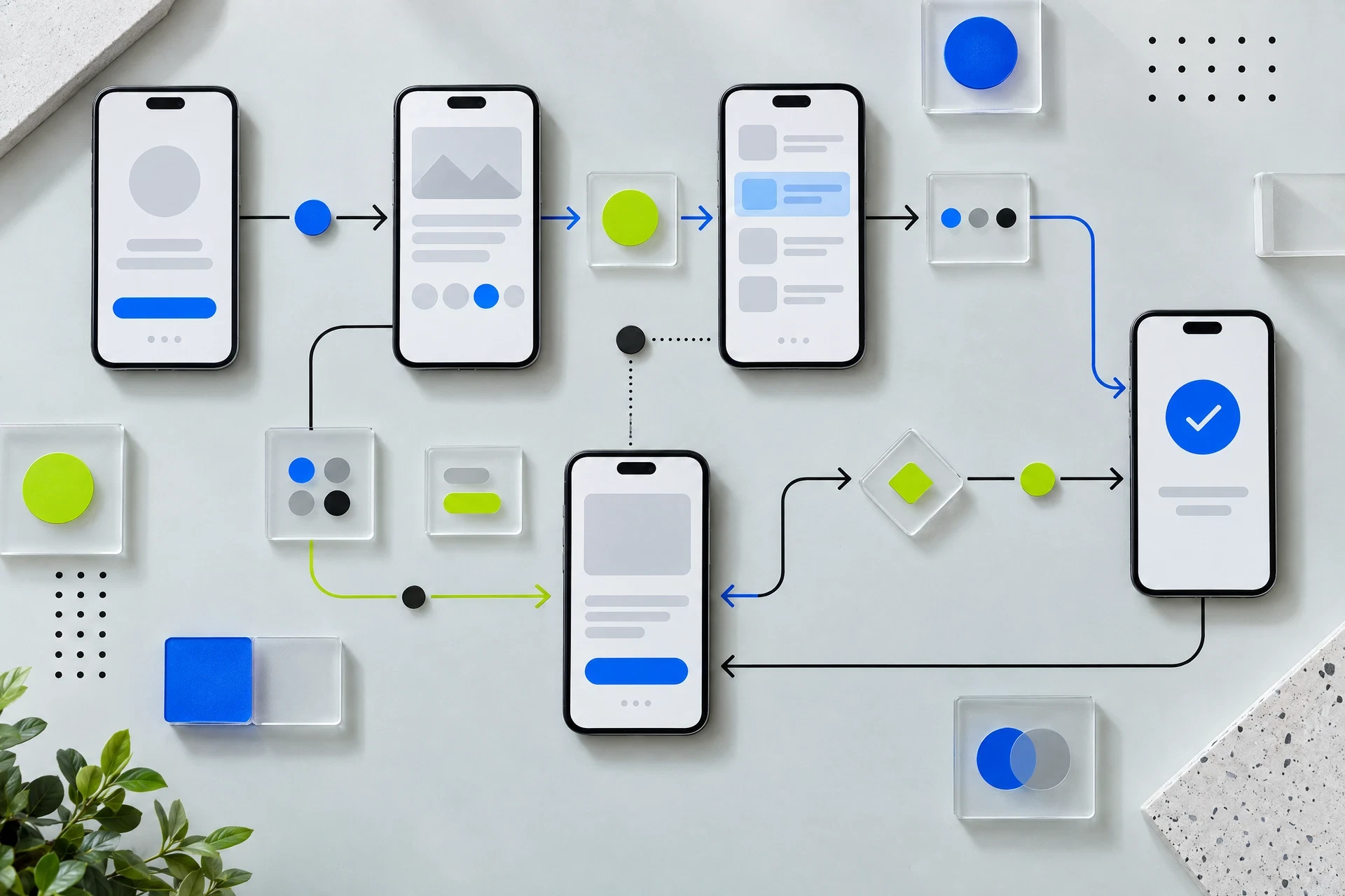Abstract mobile user flow map made of cards and arrows